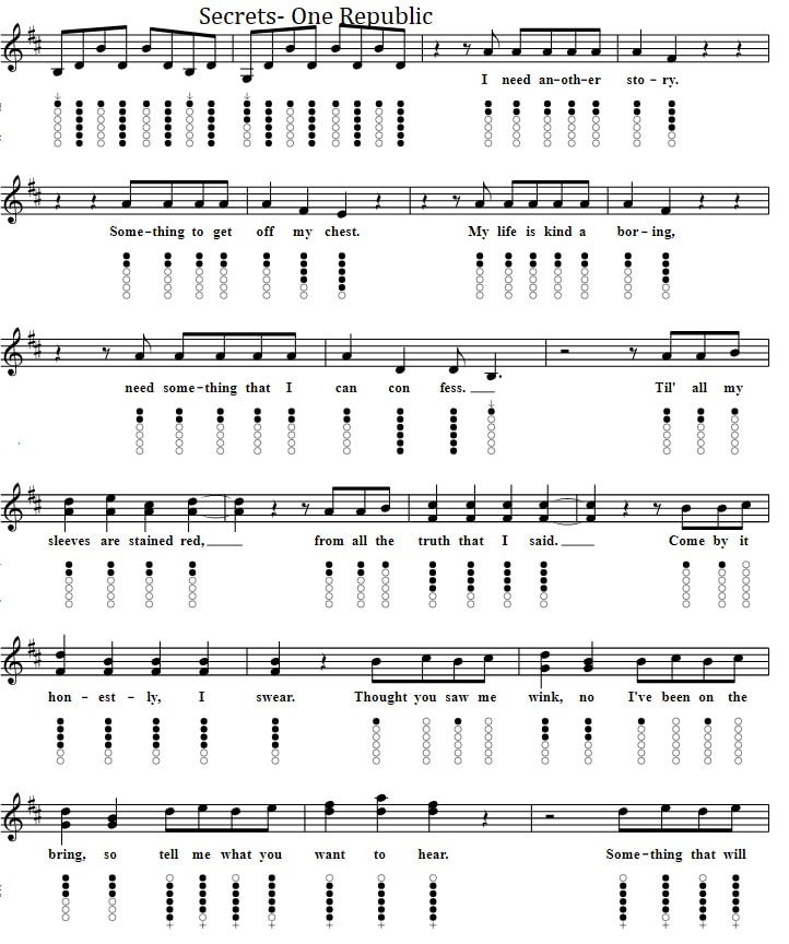 Secrets One Republic Easy Sheet Music And Tin Whistle Notes