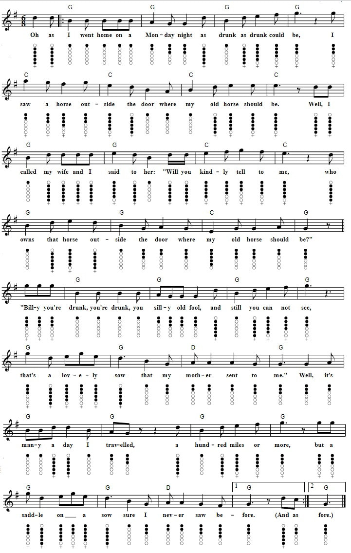 Seven drunken nights sheet music and tin whistle notes