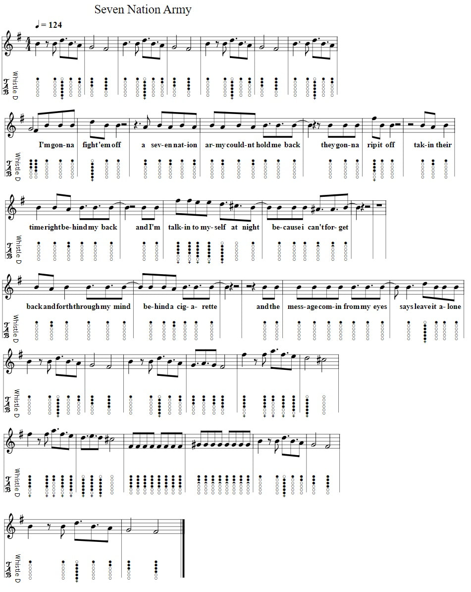 Seven Nation Army Piano Sheet Music  and tin whistle tab