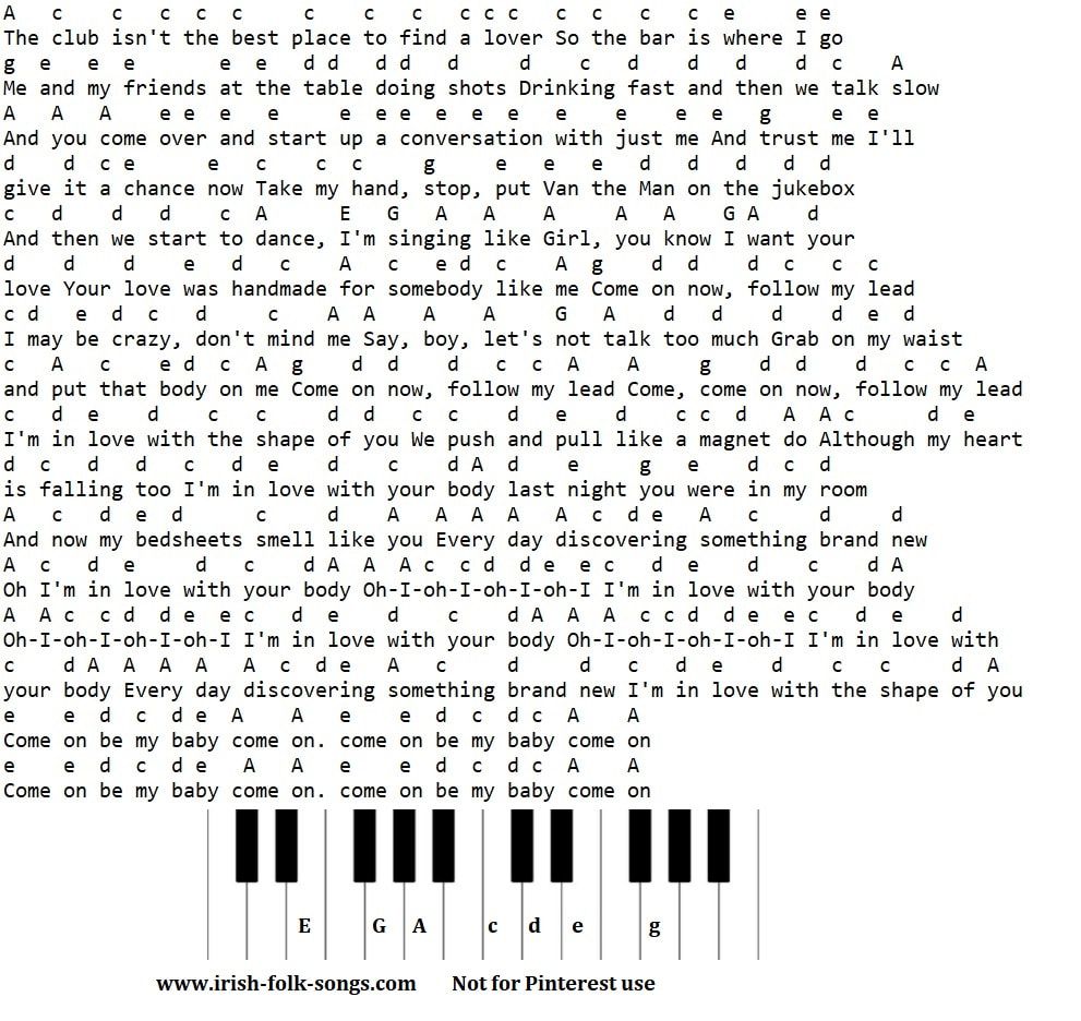 Shape of you piano / keyboard letter notes