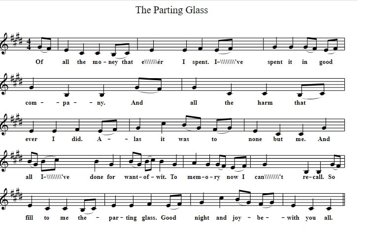 Sheet music for the parting glass in the key of E Major