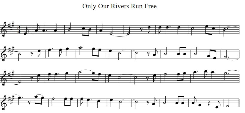 Sheet music for key of A Major Only Our Rivers Run Free