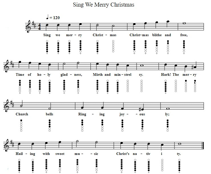Sing we merry Christmas sheet music and tin whistle notes in D Major