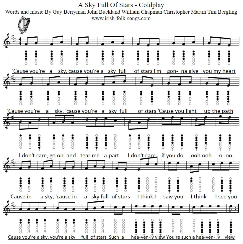 A Sky full of stars piano and tin whistle sheet music tab in D by Coldplay