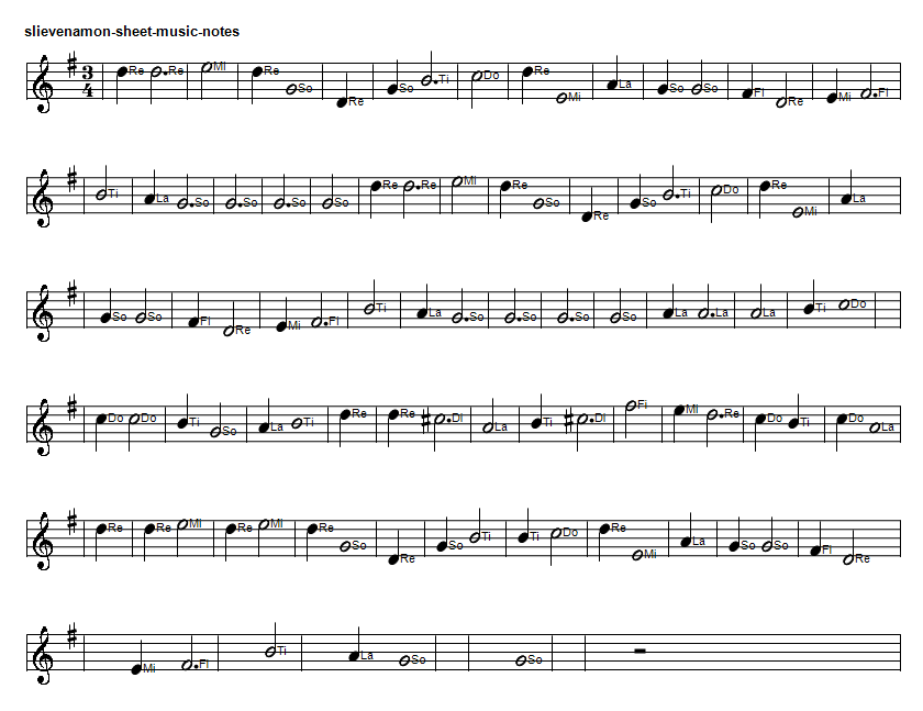 Slievenamon sheet music notes in the key of G Major