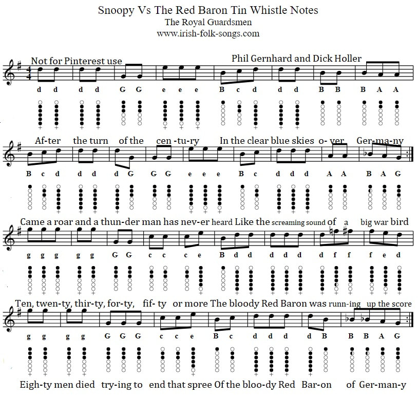 Snoopy vs the red baron tin whistle sheet music notes in G Major by The Royal Guardsmen