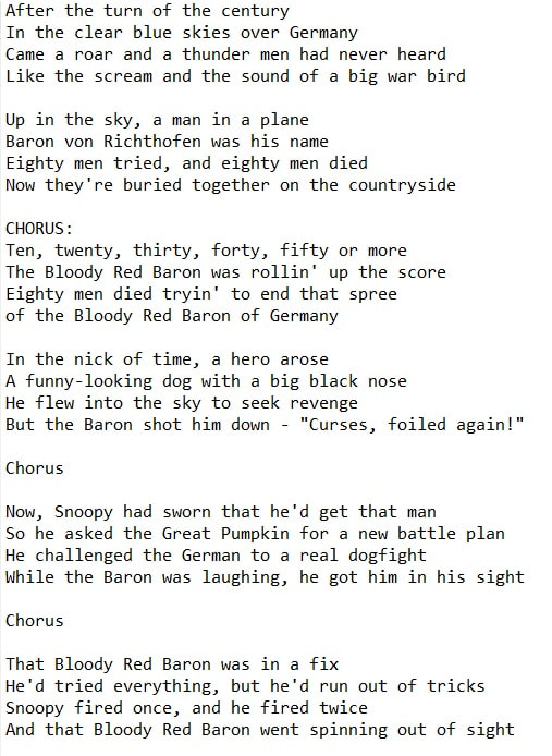 Snoopy Versus the red barron song lyrics