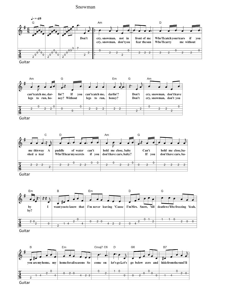 Snowman guitar tab and chords by Sia