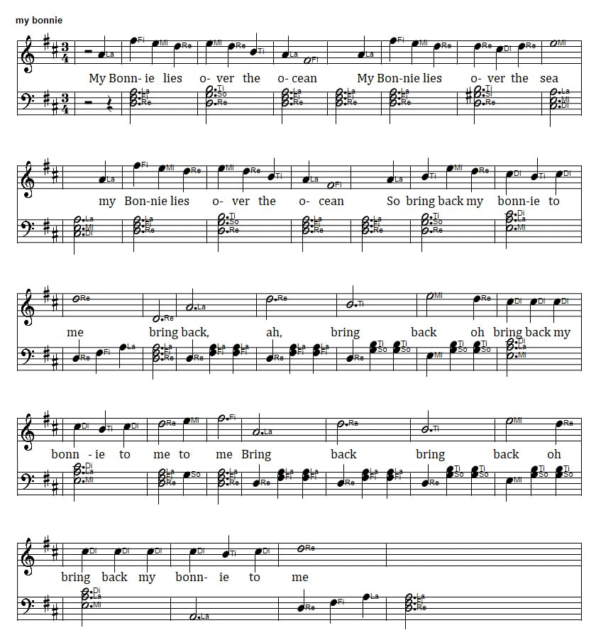 Solfege piano sheet music notes to Bring Back My Bonnie To Me in D Major
