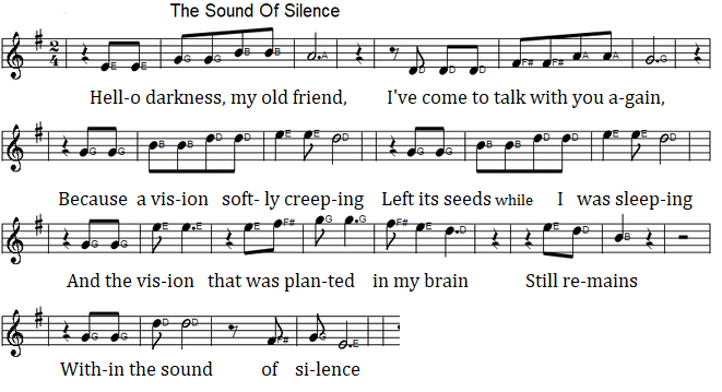 The sound of silence sheet music in G Major with easy letter notes and lyrics