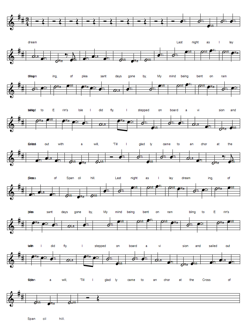 Spancil Hill Irish folk song sheet music notes in solfege Do Re Mi format.