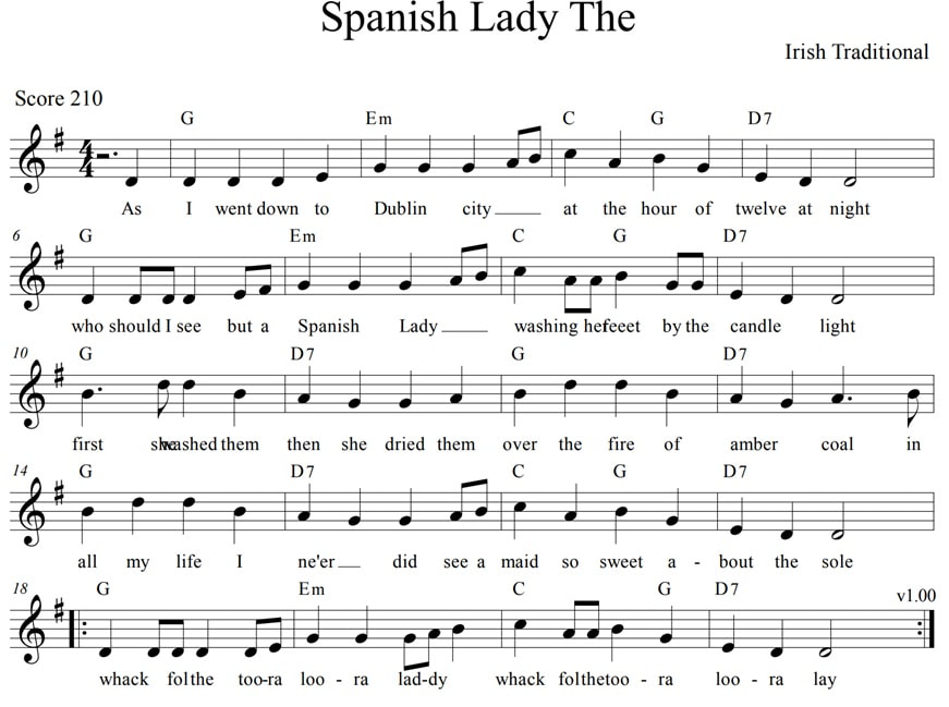 The Spanish Lady sheet music score in G Major