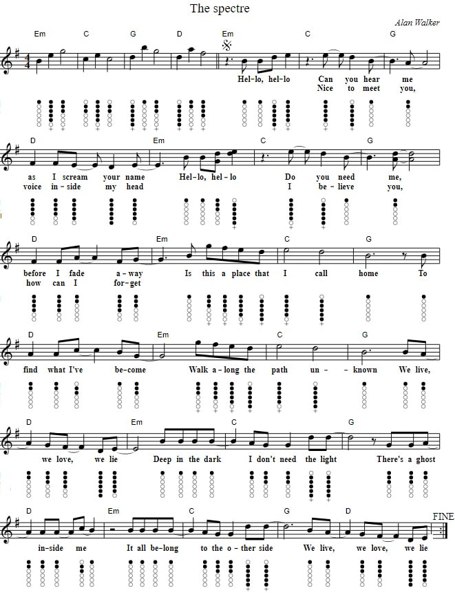 Spectre sheet music and tin whistle tab by Alan Walker
