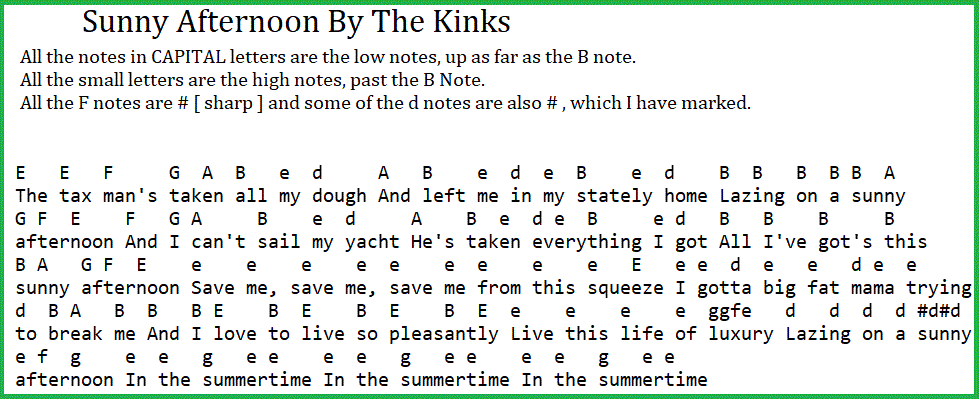 Sunny afternoon old pop song piano letter notes by The Kinks