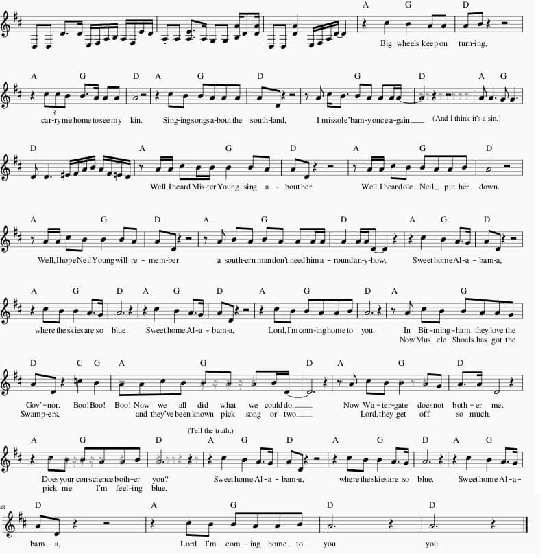 Sweet home Alabama sheet music score in D Major with lyrics and chords