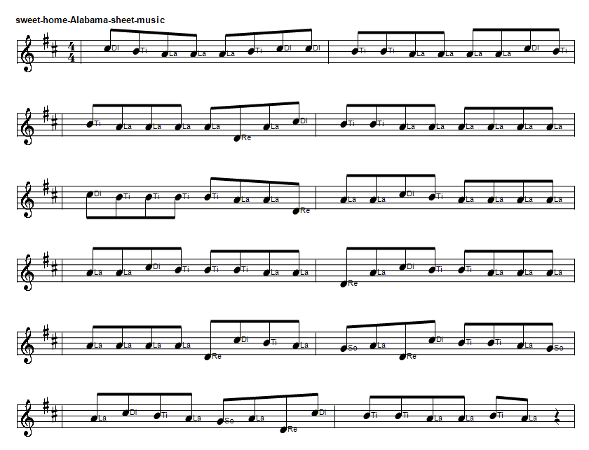 Sweet home Alabama sheet music notes in Solfege in D Major