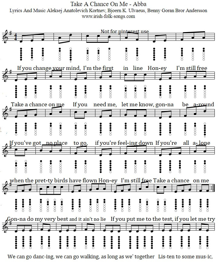 Take A Chance On Me Abba Sheet Music Notes For Tin Whistle