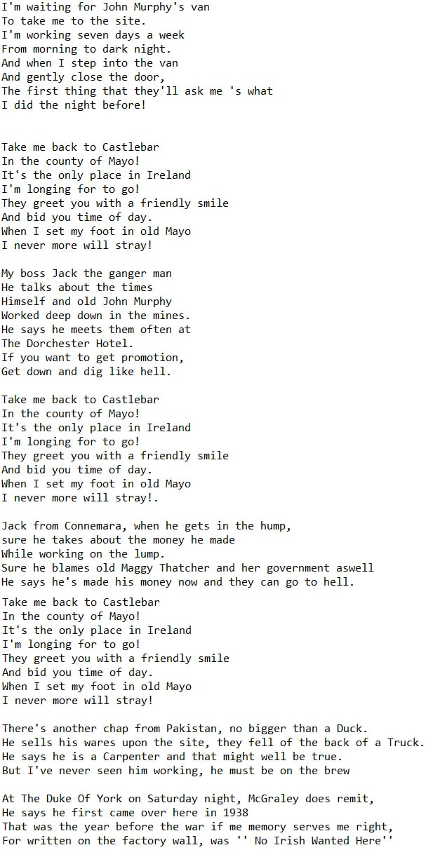 Take me back to Castlebar lyrics by Farmer Dan