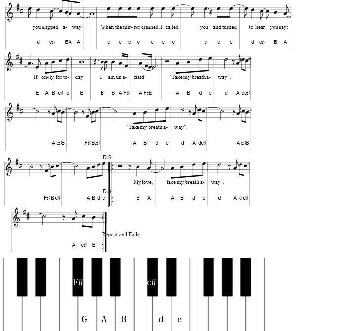 Take My Breath Away piano keyboard letter notes part two
