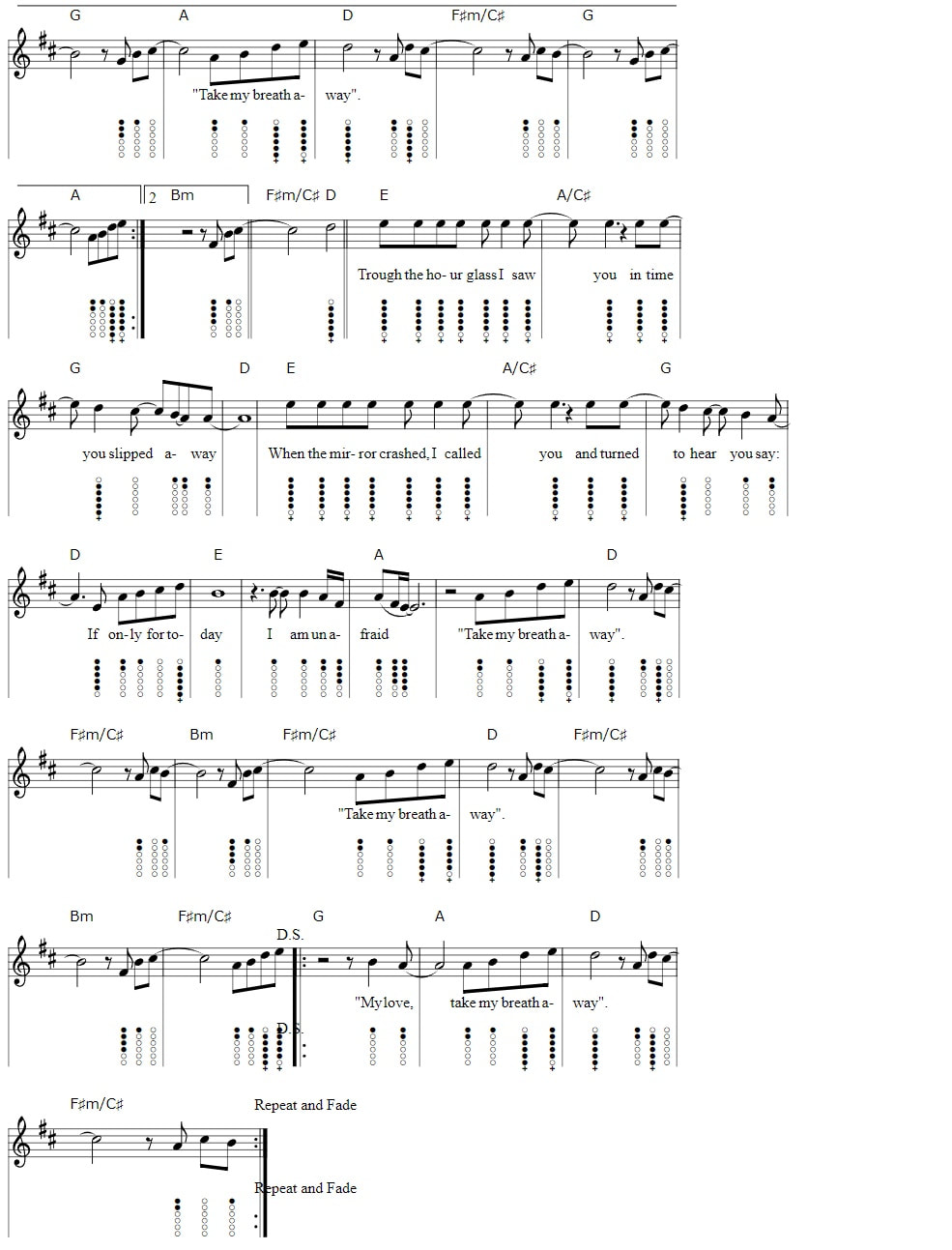 Take My Breath Away Tin Whistle Sheet Music Notes by Berlin part two
