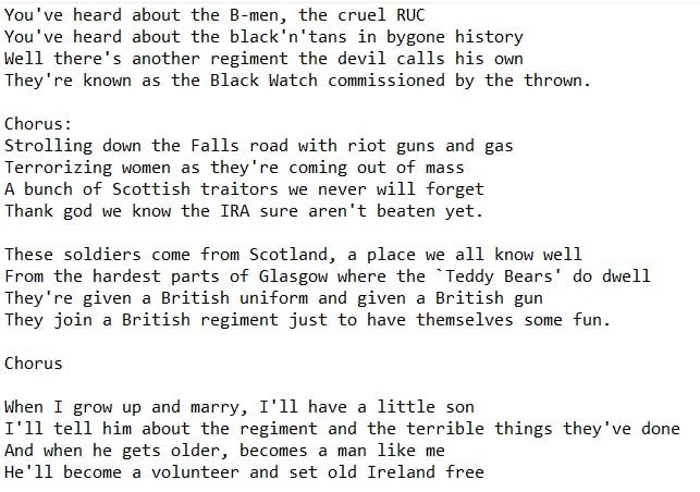 The black watch lyrics for an Irish rebel song