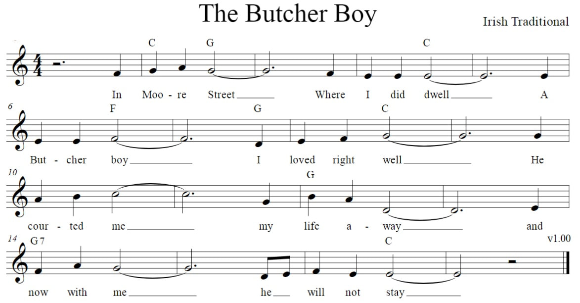 The butcher boy sheet music in the key of C Major