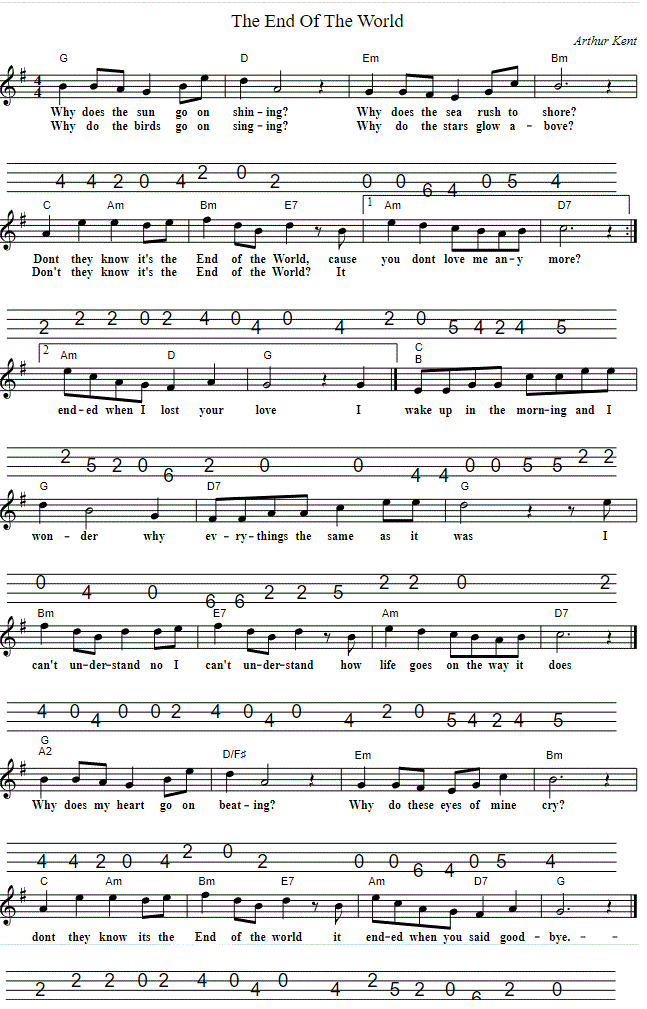 The end of the world tenor guitar / mandola tab in CGDA