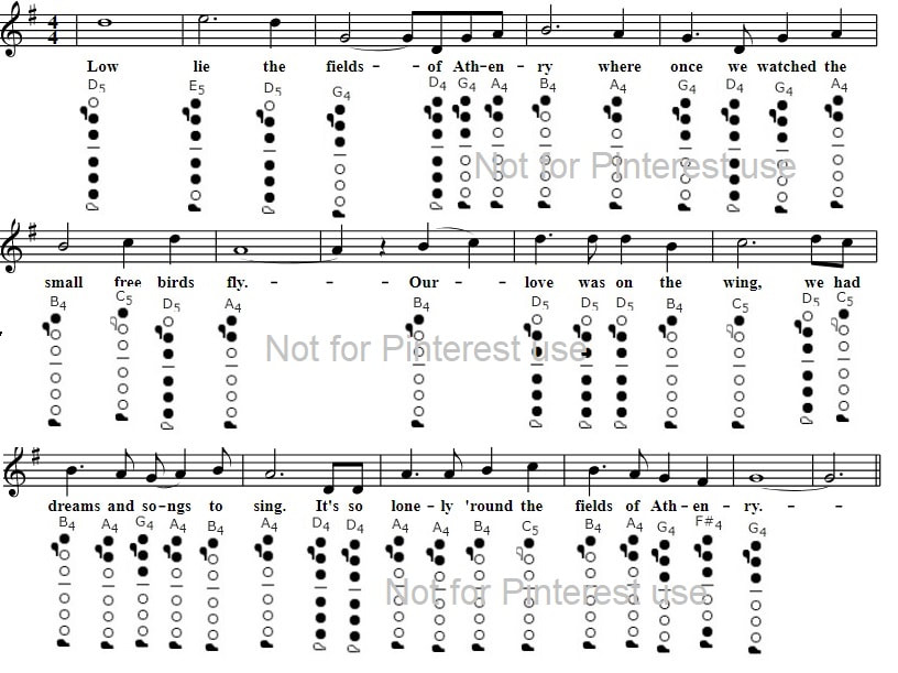 The fields of Athenry easy flute sheet music for beginners showing the finger position 
