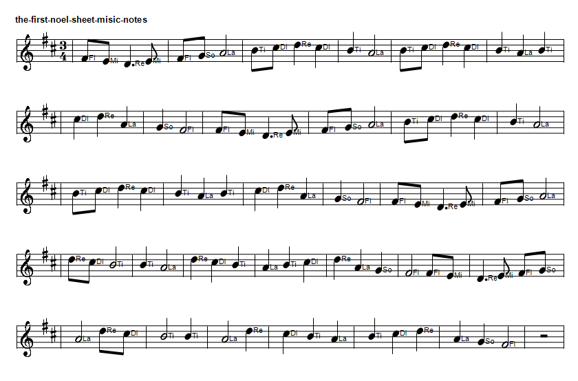 The first Noel piano solfege sheet music notes in D Major