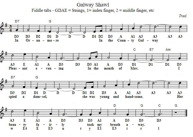 The Galway Shawl fiddle sheet music with letter notes and numbers
