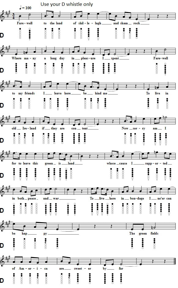The green fields of America sheet music for your D tuned tin whistle.