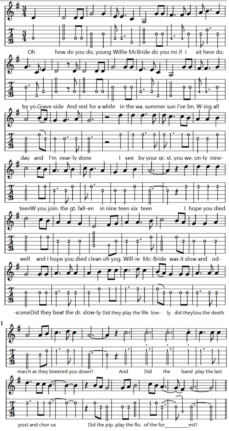 The green fields of France guitar tab