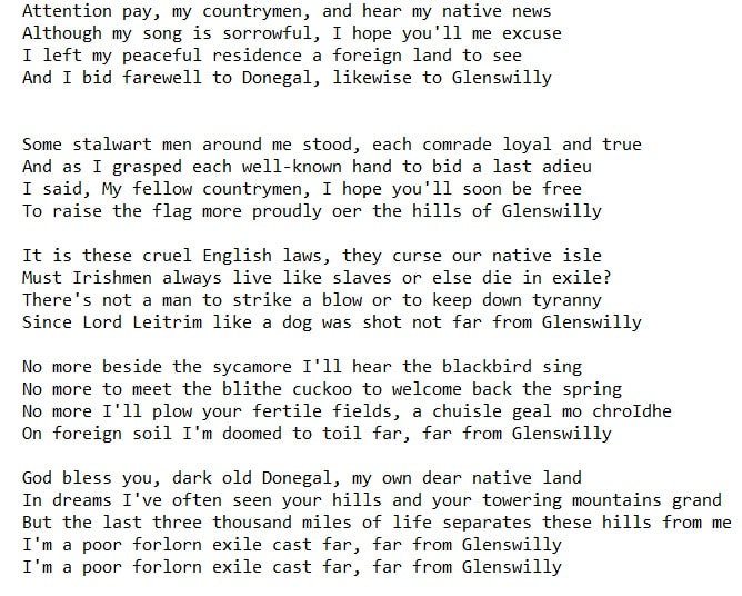 The hills of Glenswilly lyrics