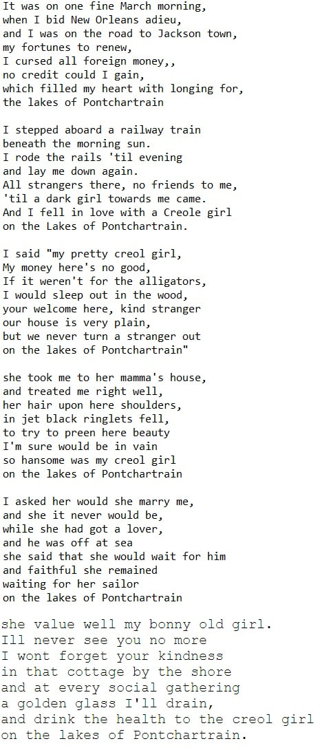 The lakes of pontchartrain lyrics by Paul Brade