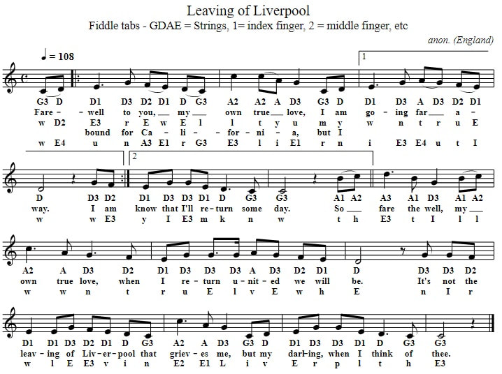 The leaving of Liverpool fiddle sheet music for beginners
