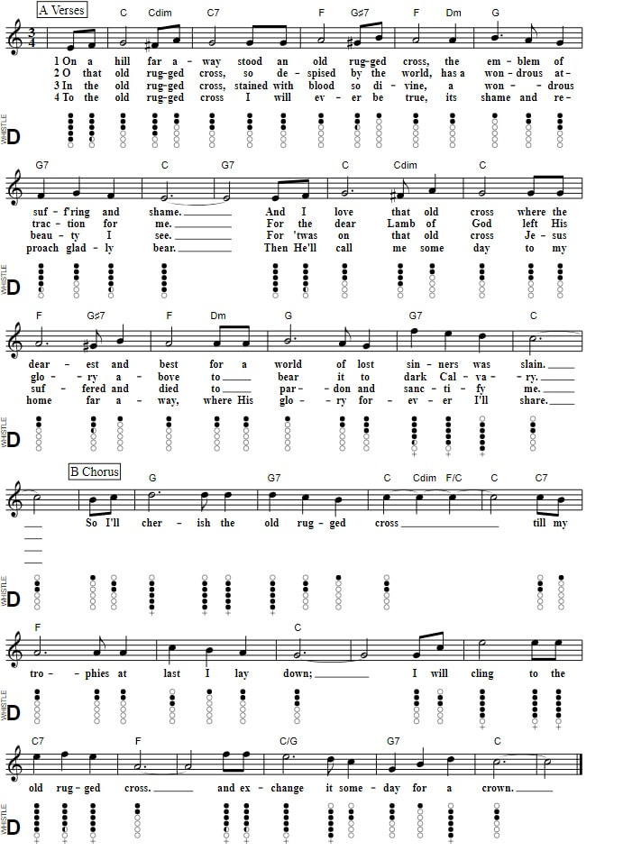 The old rugged cross tin whistle sheet music notes