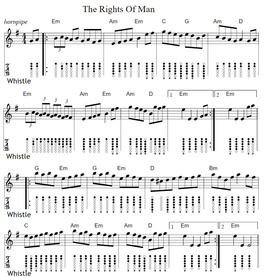 The rights of man sheet music tin whistle tab with guitar chords