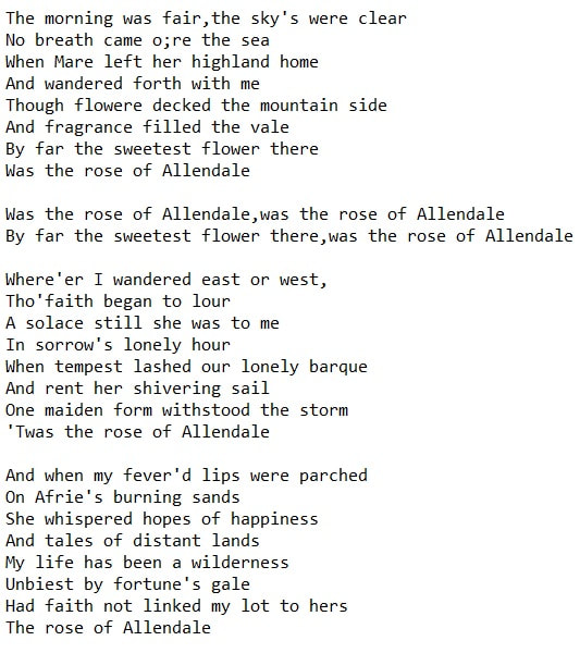 The rose of Allendale song lyrics