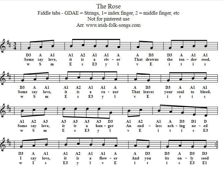 The rose fiddle sheet music tab with letters