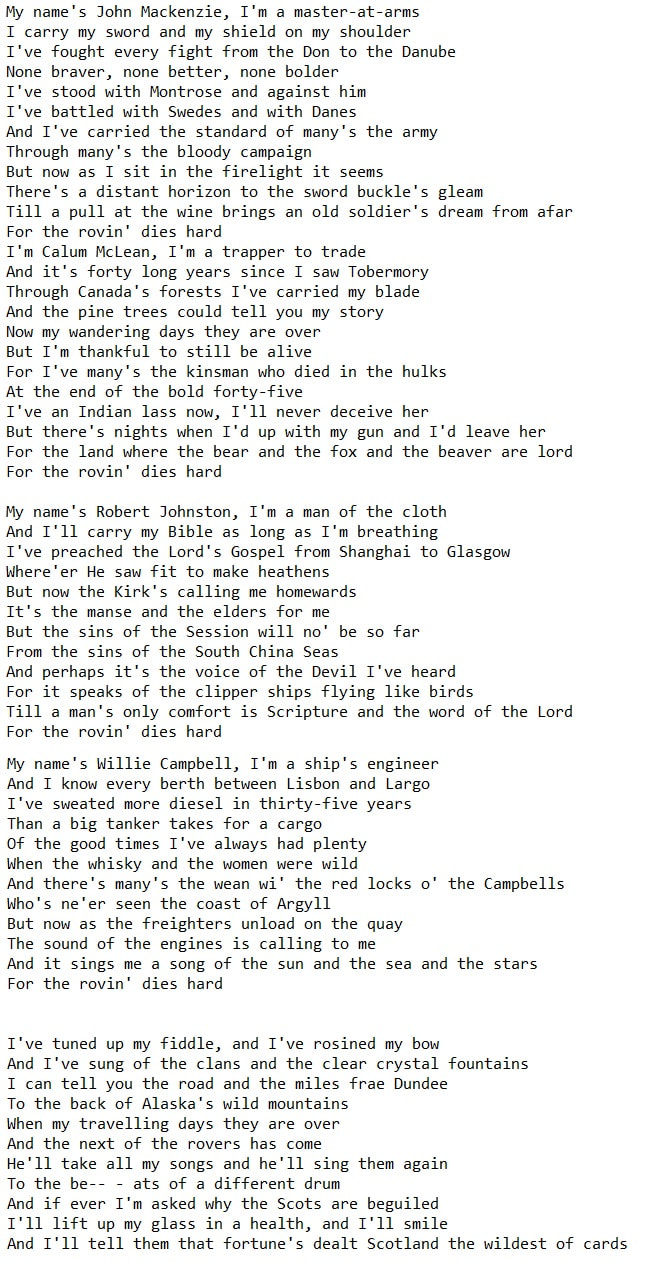 The roving dies hard lyrics by The Battlefield Band