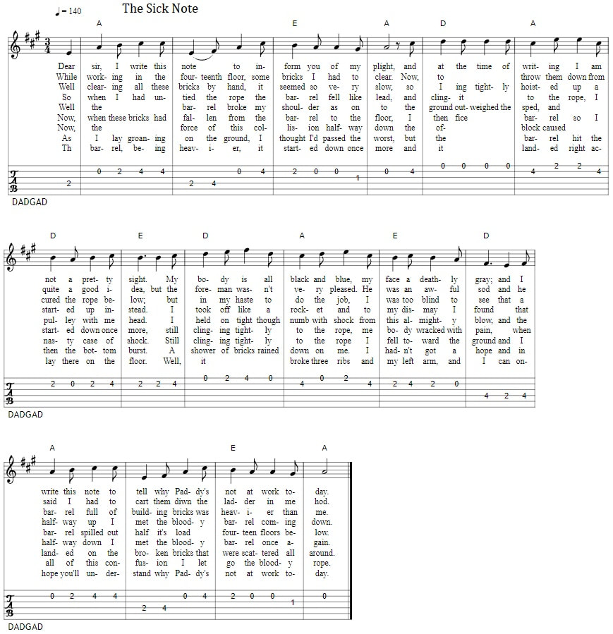 The sick note guitar tab in Celtic tuning of Dadgad