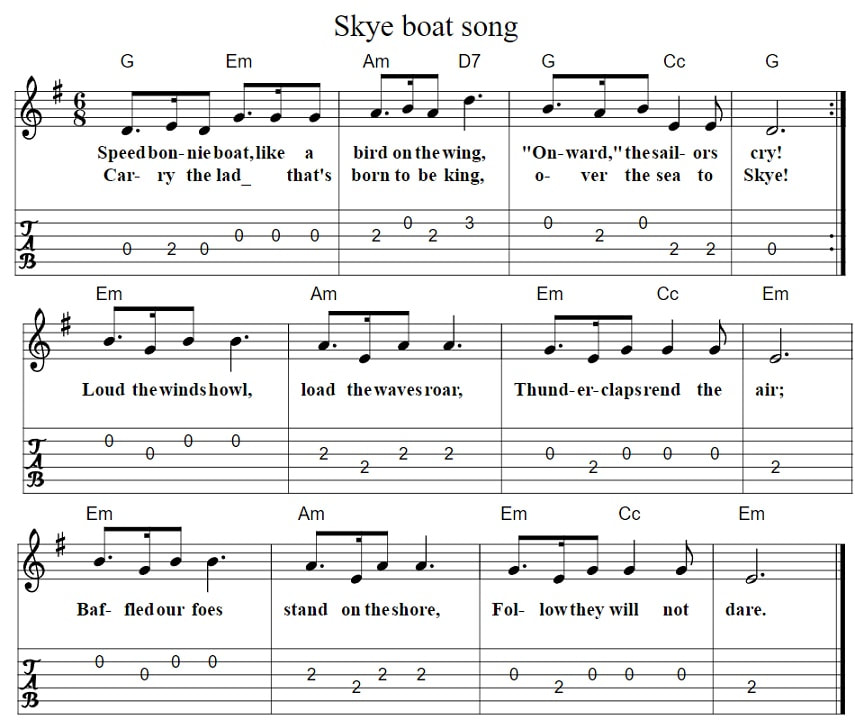 The skye boat song guitar tab chords and lyrics