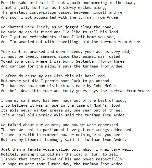 The turfman from Ardee lyrics by Dermot O'Brien