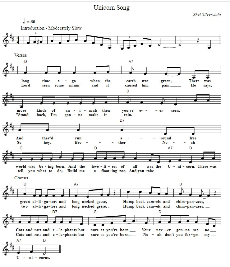 The unicorn song piano sheet music in D Major with chords and lyrics