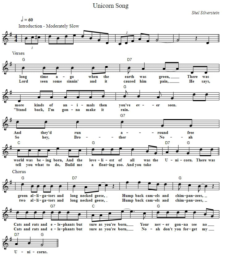 The Unicorn song sheet music in G Major with chords