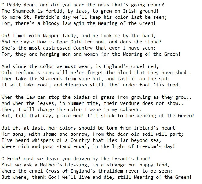 The wearing of the green Irish lyrics
