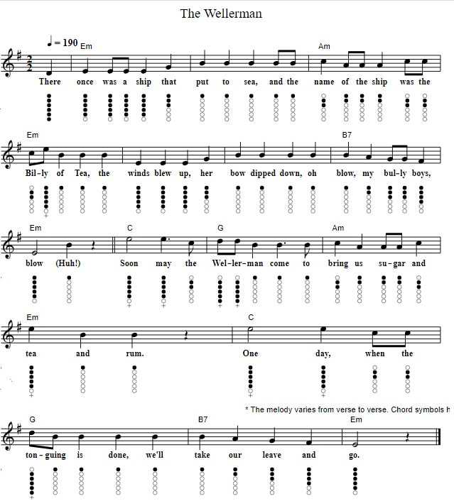 The Wellerman tin whistle tab with chords