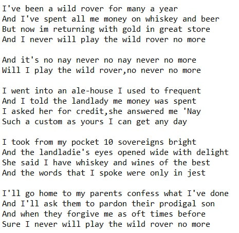 The wild rover irish song lyrics