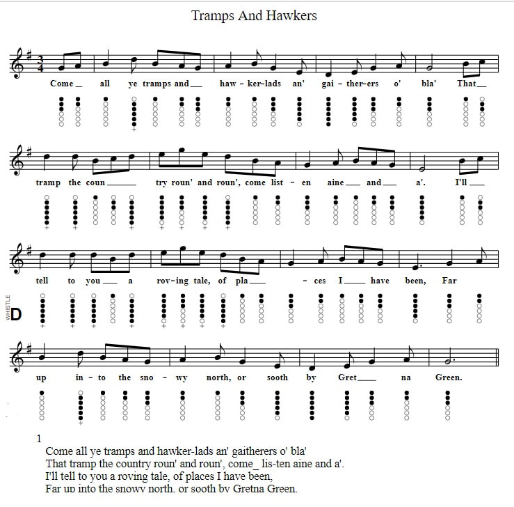 Tramps and hawkers sheet music and tin whistle notes