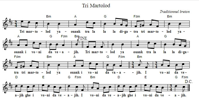 Tri Martolod sheet music in D Major with lyrics and chords